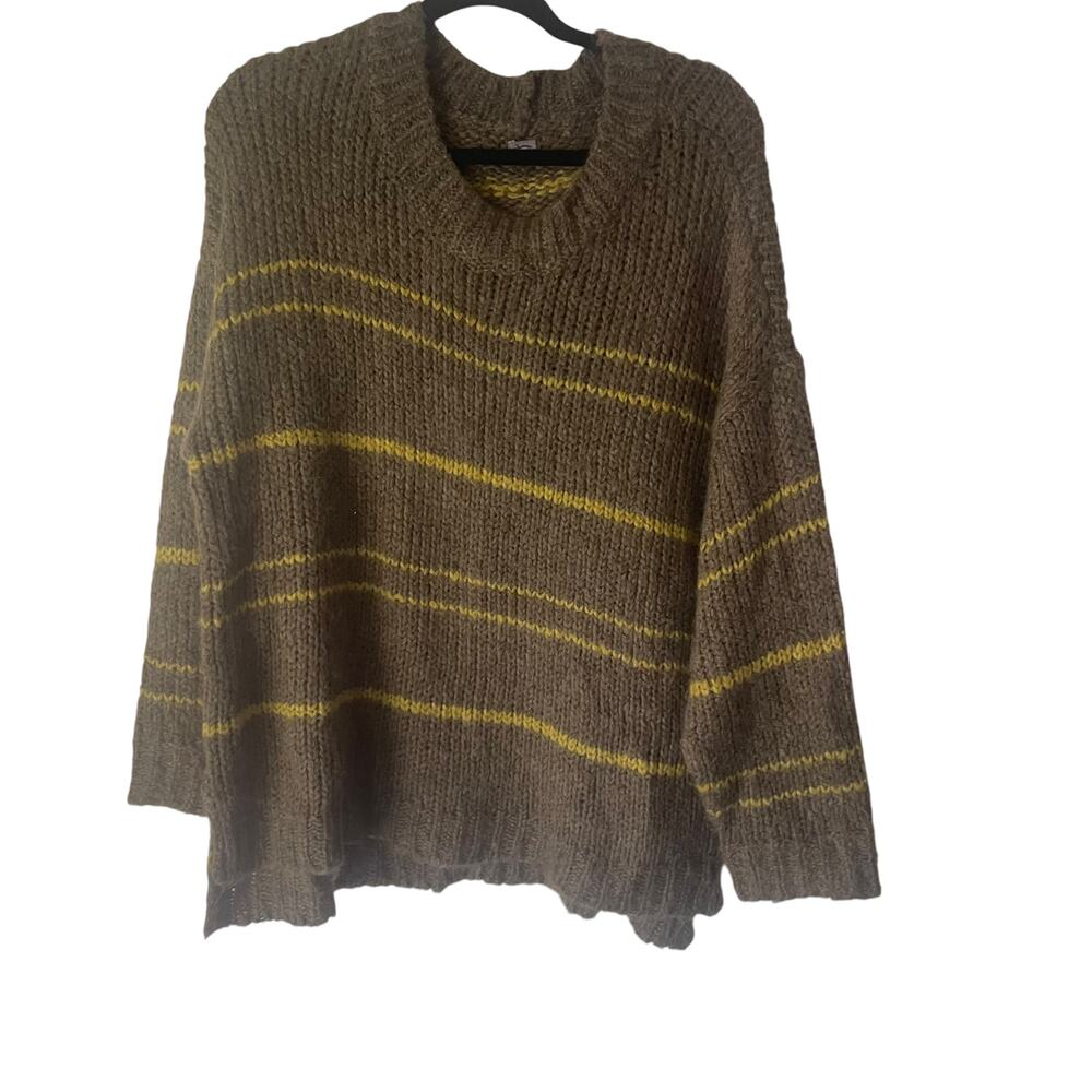 Aerie Womens Size Large Wool Mohair Blend Chunky Soft Knit Brown Striped Sweater